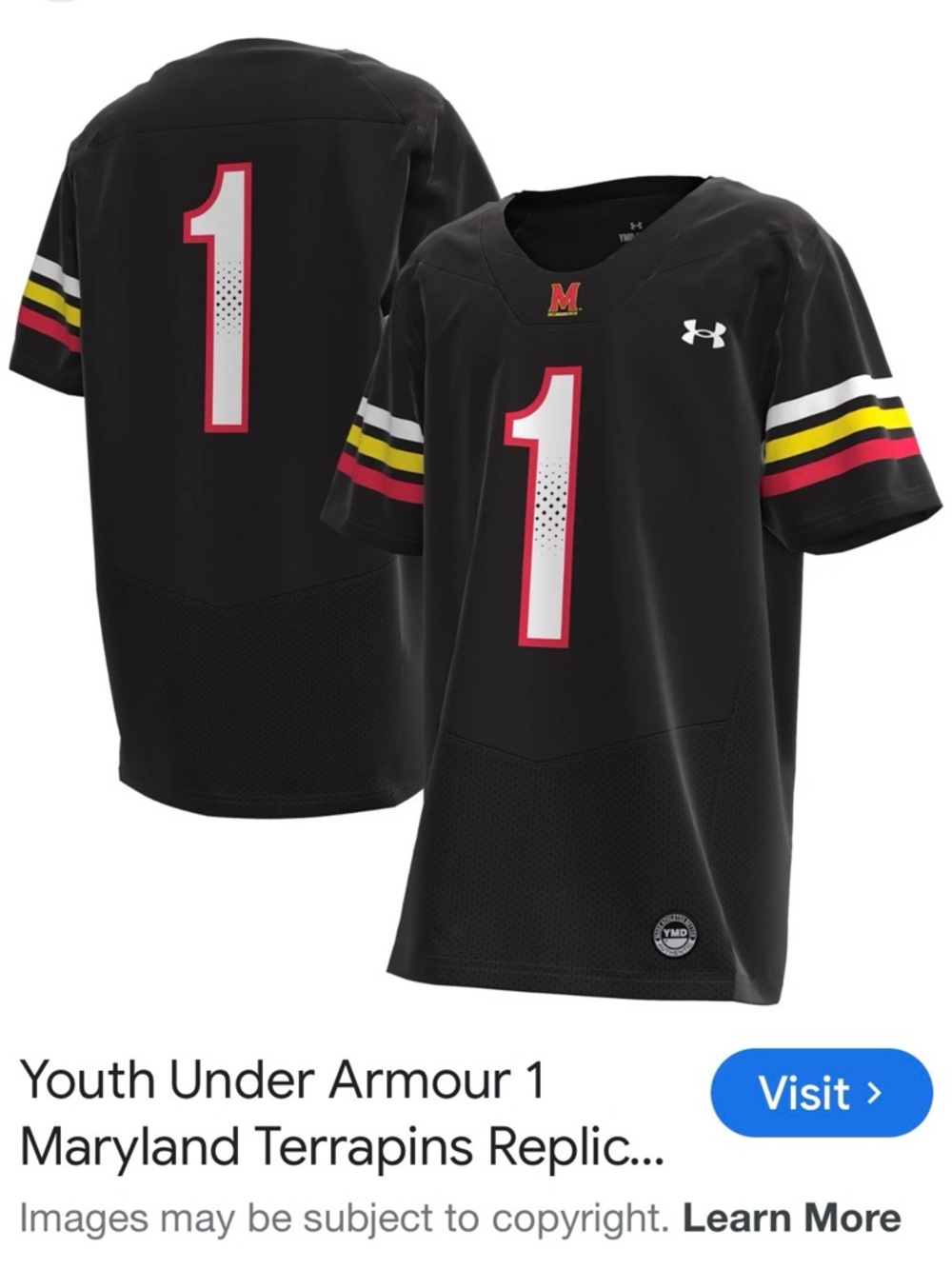 Under Armour Black Youth Football Jersey with White & Red #1 (worn once)